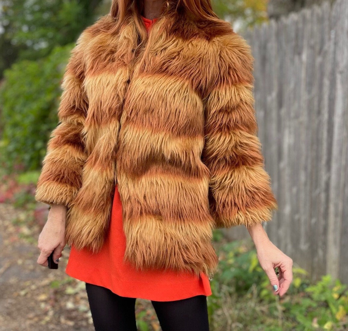 vtg 70s SHAGGY STRIPED COAT & Hat set // vintage orange ombre furry glam punk jacket and matching fur hat unique fancy event two tone autumn