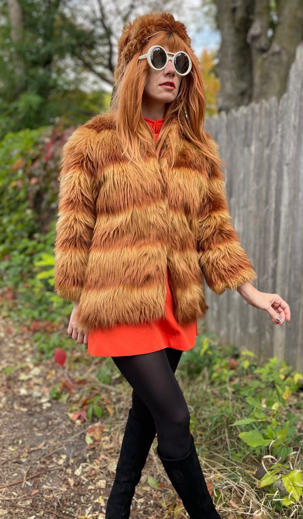 vtg 70s SHAGGY STRIPED COAT & Hat set // vintage orange ombre furry glam punk jacket and matching fur hat unique fancy event two tone autumn