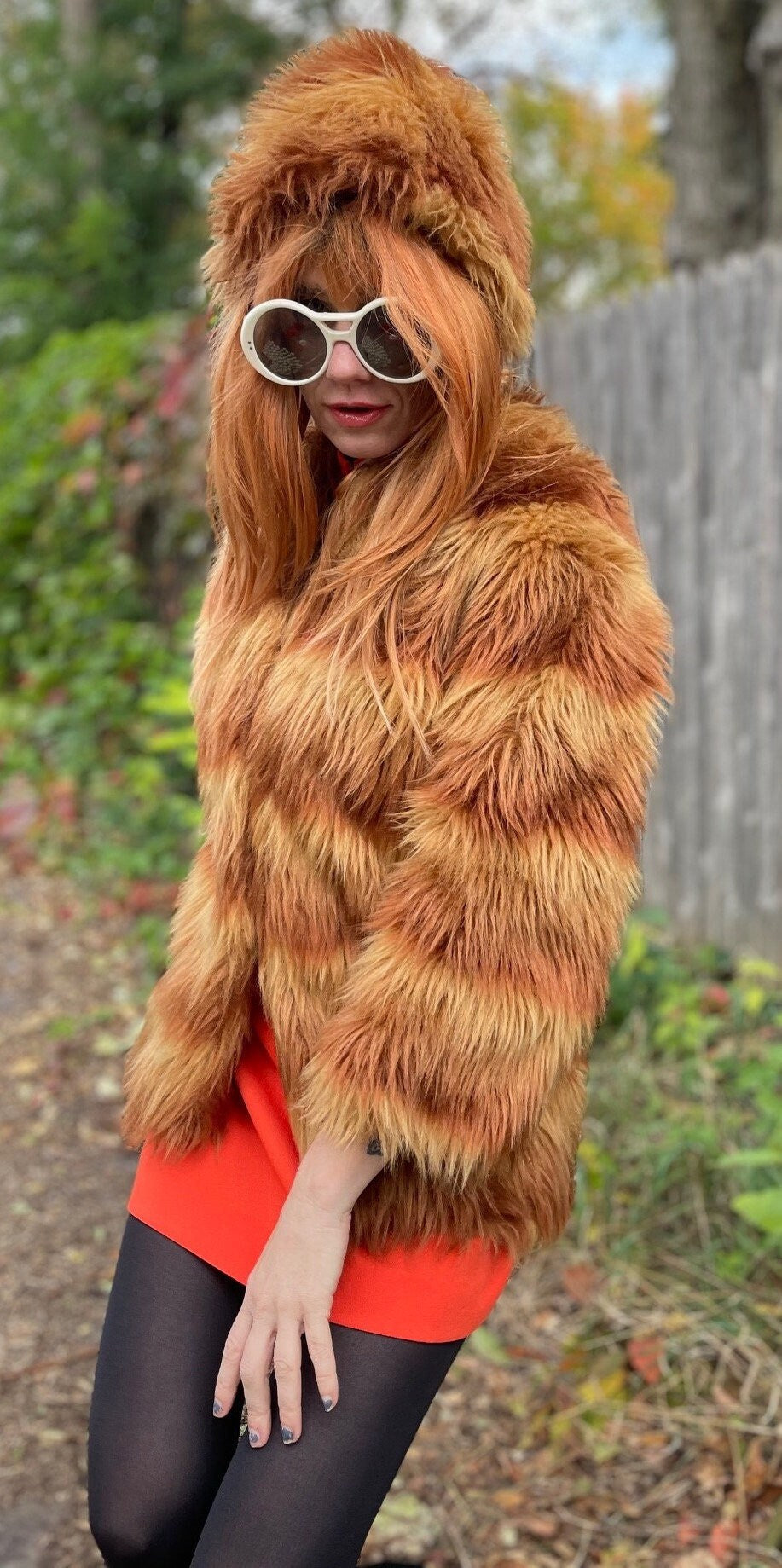 vtg 70s SHAGGY STRIPED COAT & Hat set // vintage orange ombre furry glam punk jacket and matching fur hat unique fancy event two tone autumn