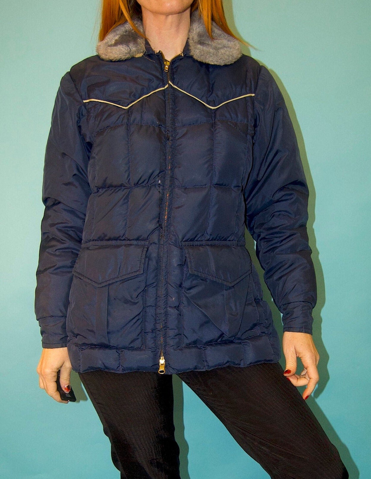vtg 70s BLUE PUFFER JACKET faux fur trim retro kelso that 70s show style mid length ski jacket