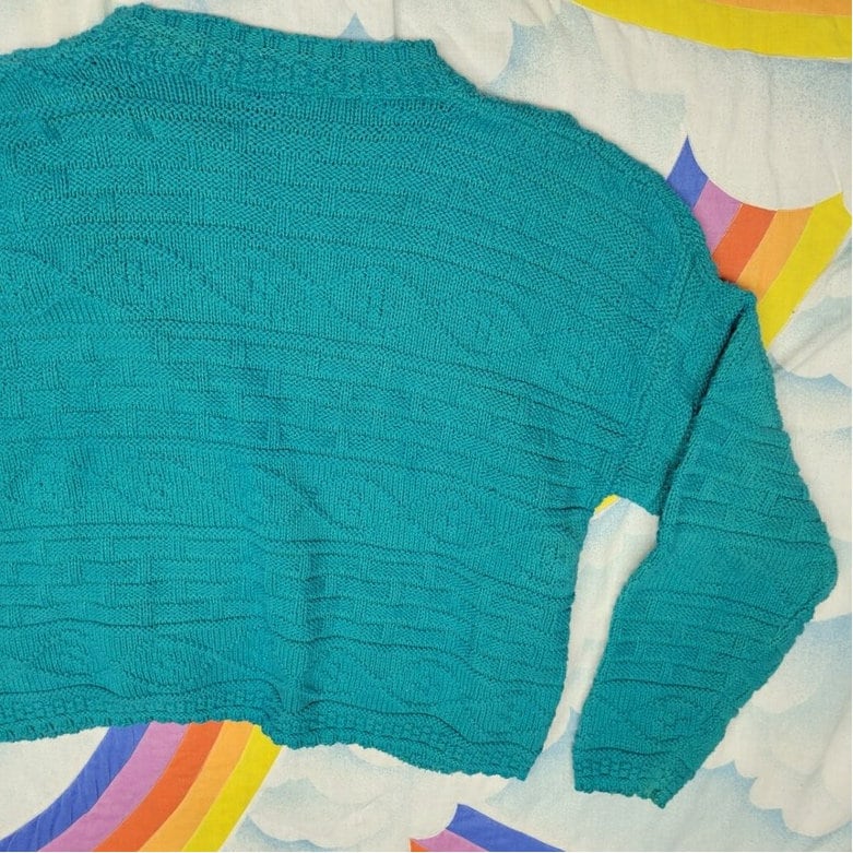 vtg 90s BRIGHT TEAL CARDIGAN // thick knit button up cropped casual solid color baggy fitted long sleeve blue textured knit school sweater