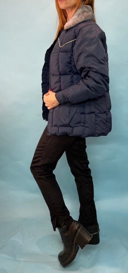 vtg 70s BLUE PUFFER JACKET faux fur trim retro kelso that 70s show style mid length ski jacket