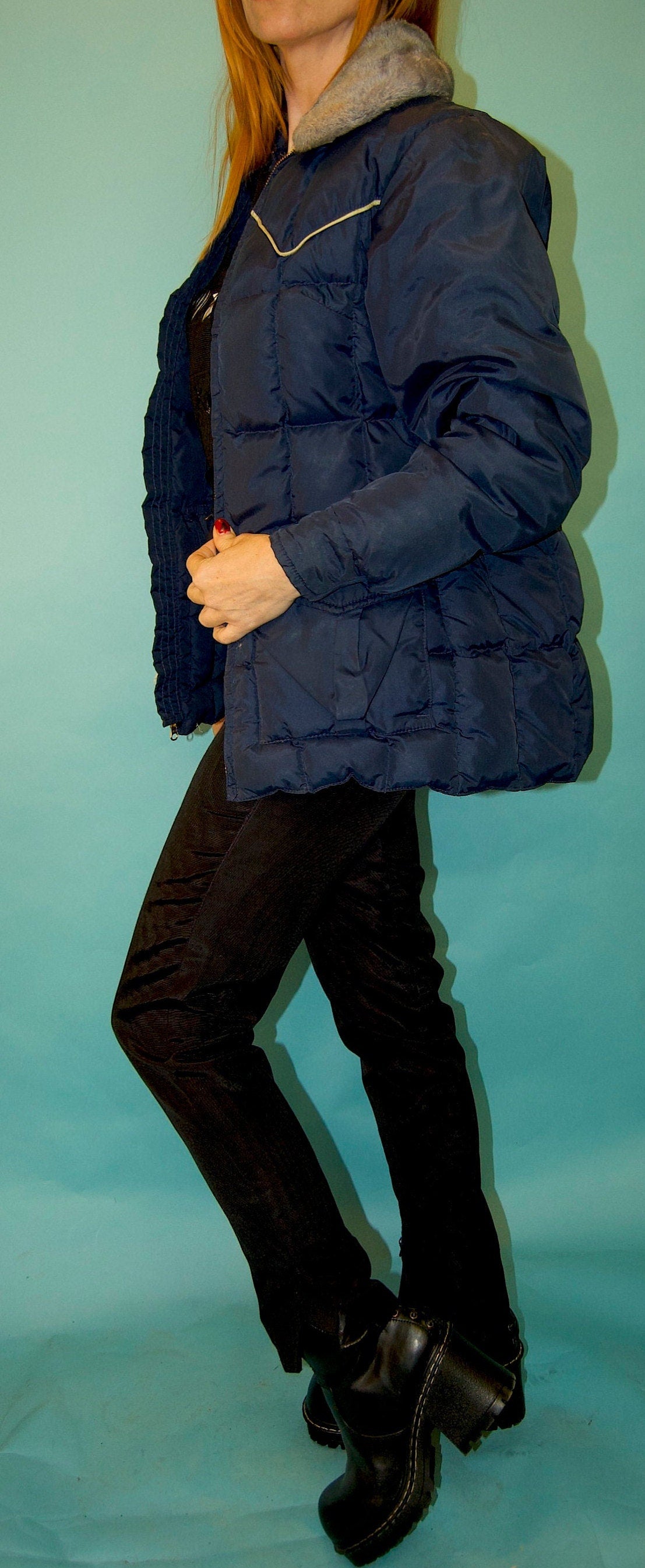 vtg 70s BLUE PUFFER JACKET faux fur trim retro kelso that 70s show style mid length ski jacket