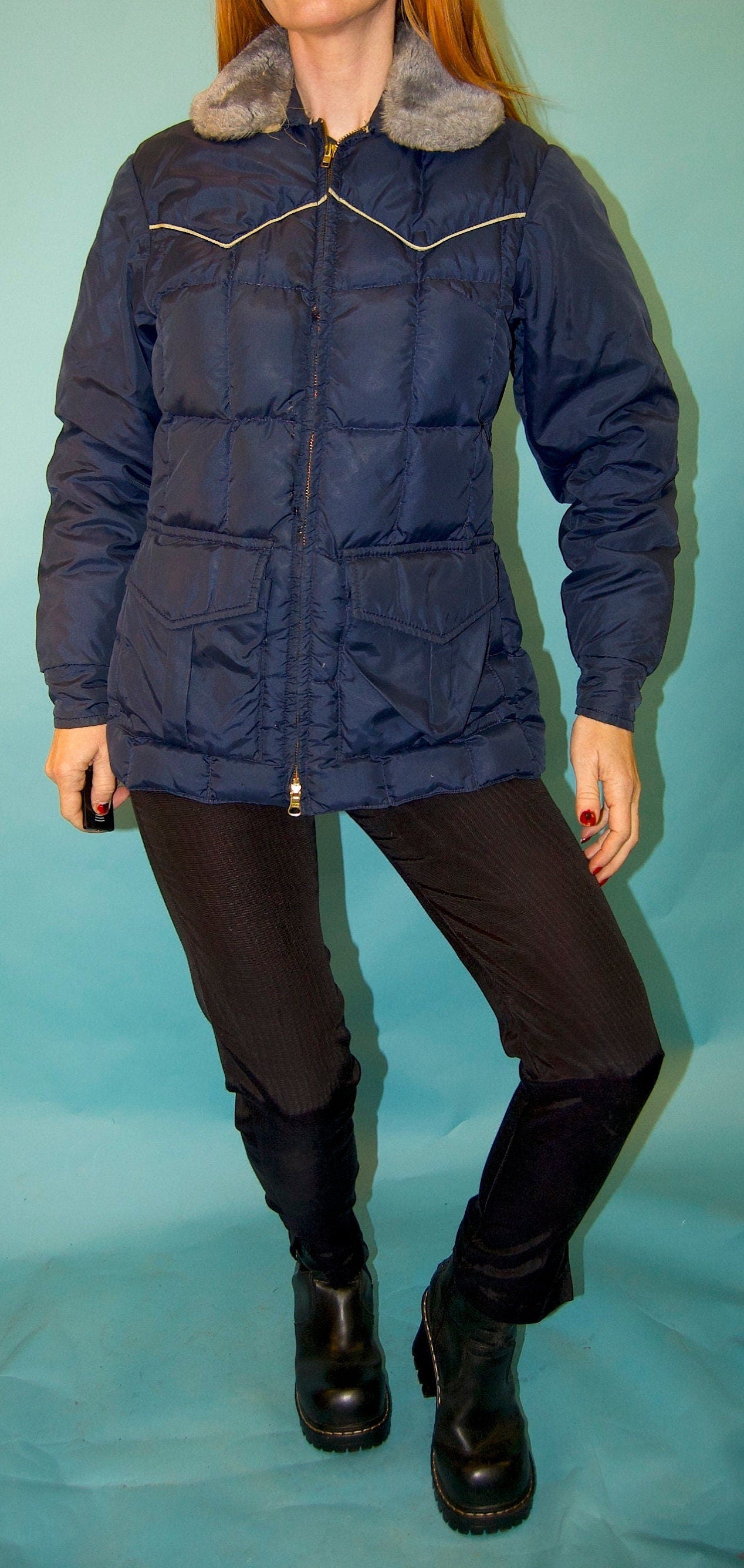 vtg 70s BLUE PUFFER JACKET faux fur trim retro kelso that 70s show style mid length ski jacket