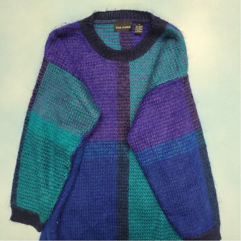vtg 90s FUZZY MOHAIR SWEATER // dress Paul Harris baggy two tone y2k hottie color block turqoise blue purple tones style friends lisa