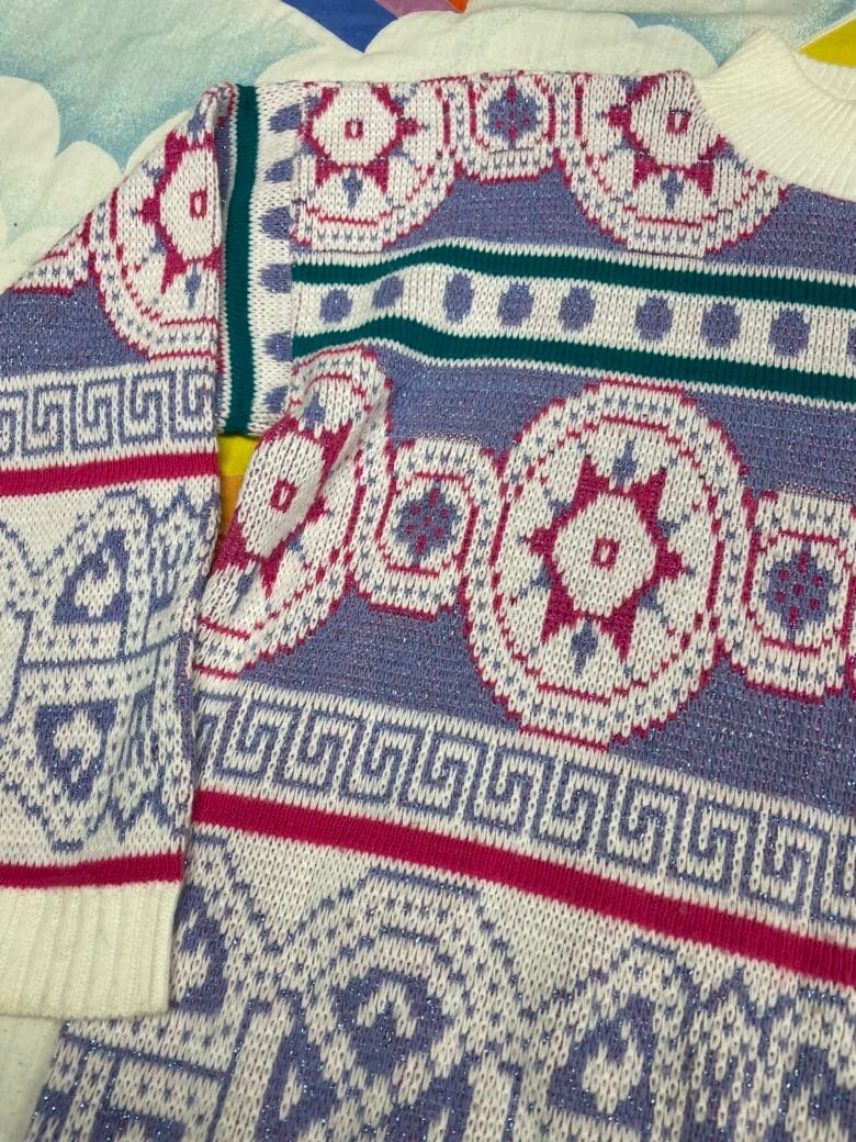 vtg 80s MATT JOHNSON SWEATER // kaleidoscope patterned abstract print sparkly fairy kei pastel lilac boxy cute back to school autumn cozy