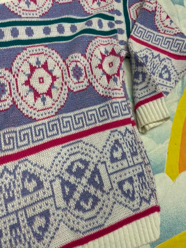 vtg 80s MATT JOHNSON SWEATER // kaleidoscope patterned abstract print sparkly fairy kei pastel lilac boxy cute back to school autumn cozy