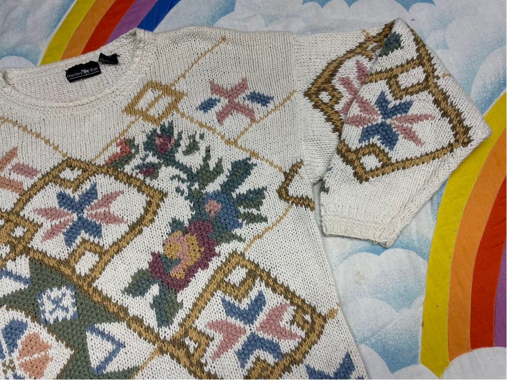 vtg 90s WHITE EMBROIDERED SWEATER // abstract floral kaleidoscope grandma style thick novelty knit boxy school casual neutral color cozy top