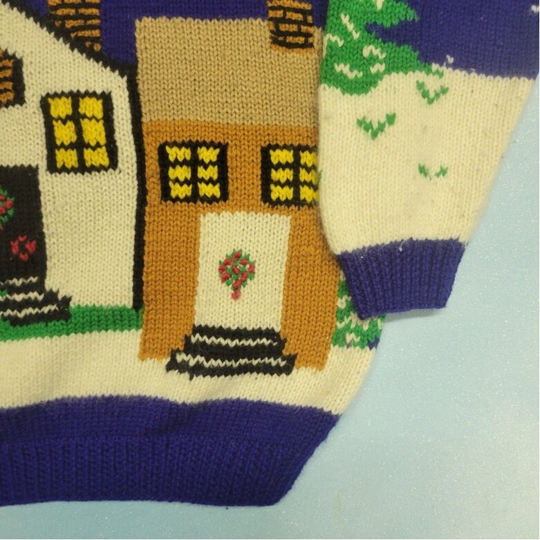 vtg 80s XMAS WINTER SCENE Sweater // vintage womens large cozy cottage in the snow wool knit snowflake print big pictorial house snowy trees