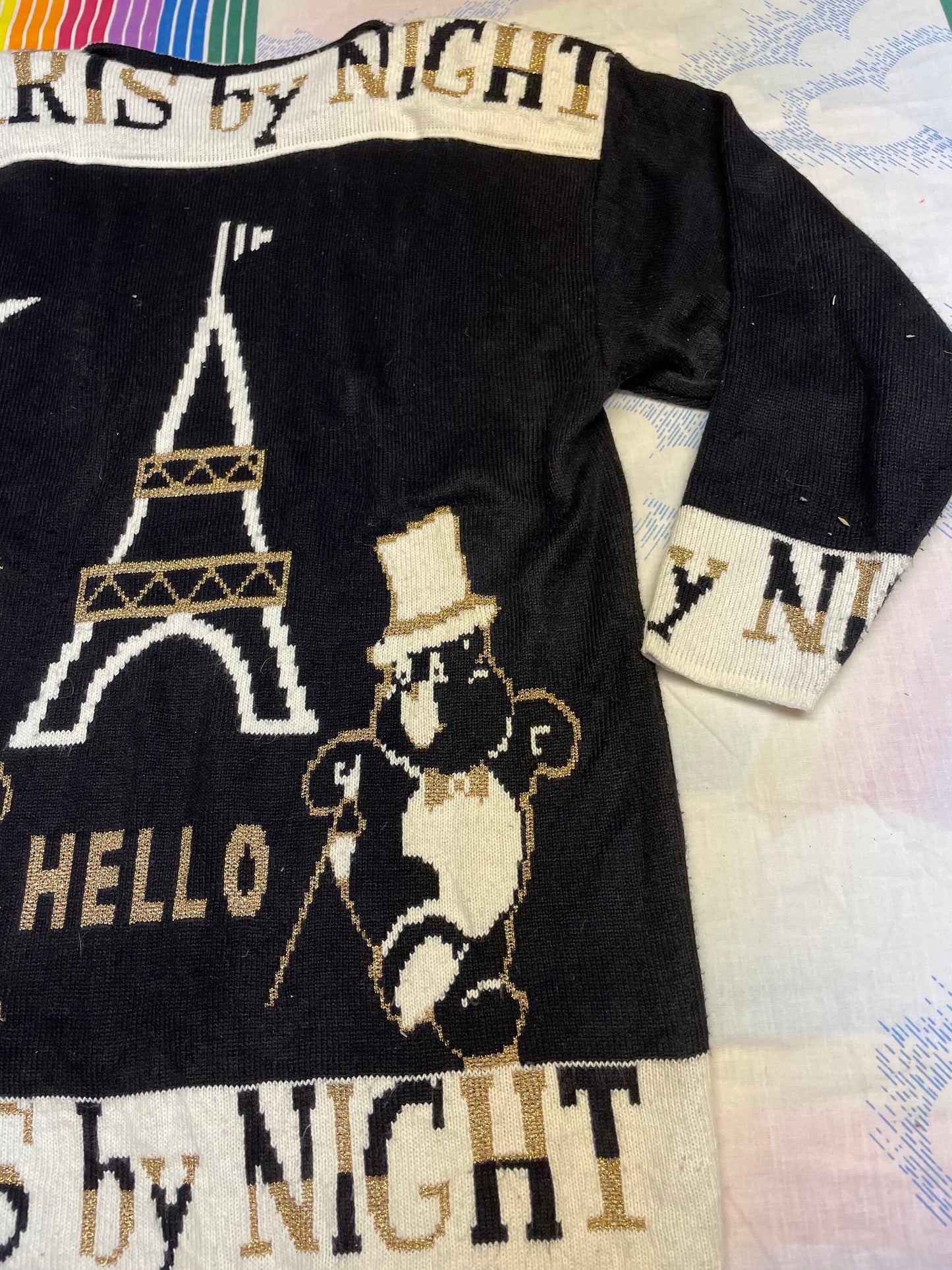 vtg 80s HELLO PARIS! SWEATER //  eiffel tower paris france text print new years eve newspaper patterned penguin tuxedo shirt festive winter