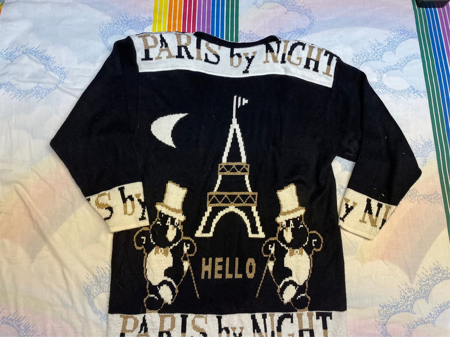 vtg 80s HELLO PARIS! SWEATER //  eiffel tower paris france text print new years eve newspaper patterned penguin tuxedo shirt festive winter