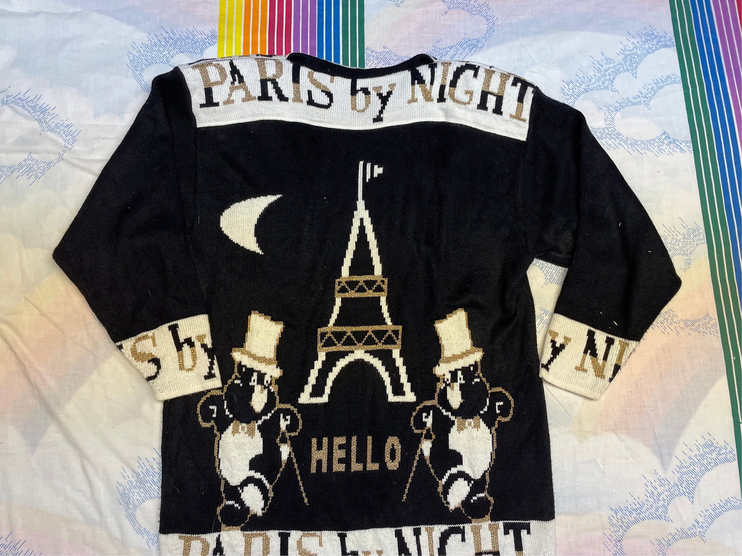 vtg 80s HELLO PARIS! SWEATER //  eiffel tower paris france text print new years eve newspaper patterned penguin tuxedo shirt festive winter
