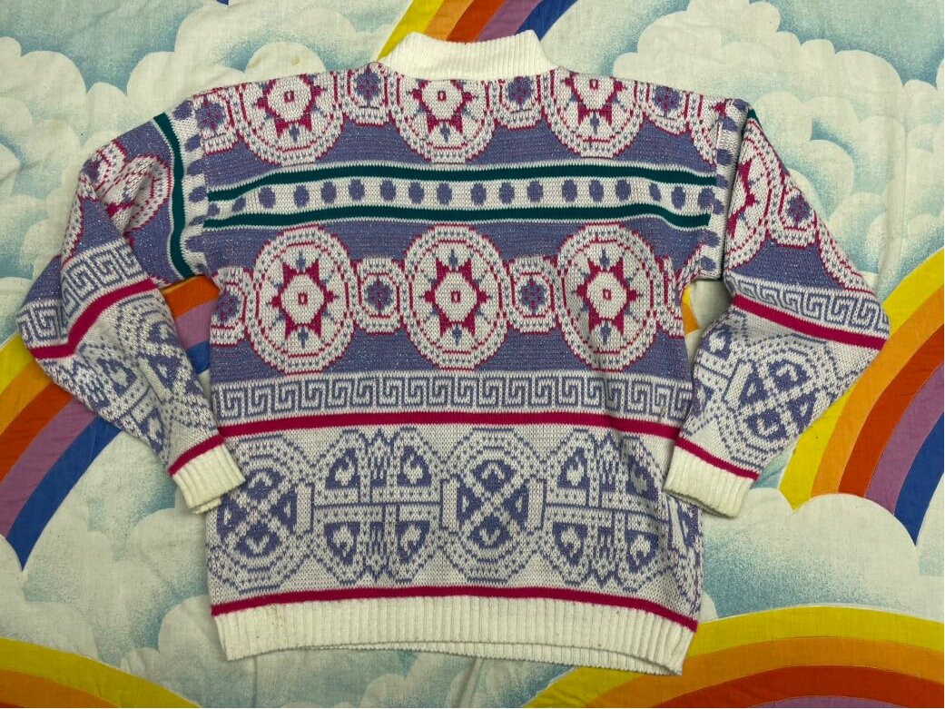 vtg 80s MATT JOHNSON SWEATER // kaleidoscope patterned abstract print sparkly fairy kei pastel lilac boxy cute back to school autumn cozy