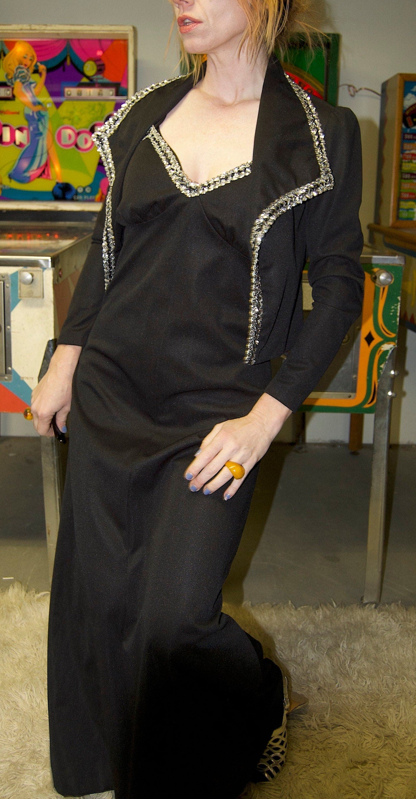 vtg 70s RHINESTONE MAXI SET  // 2 piece black & silver full length evening gown cocktail dress bias cut fancy goth flowy halter v neck top