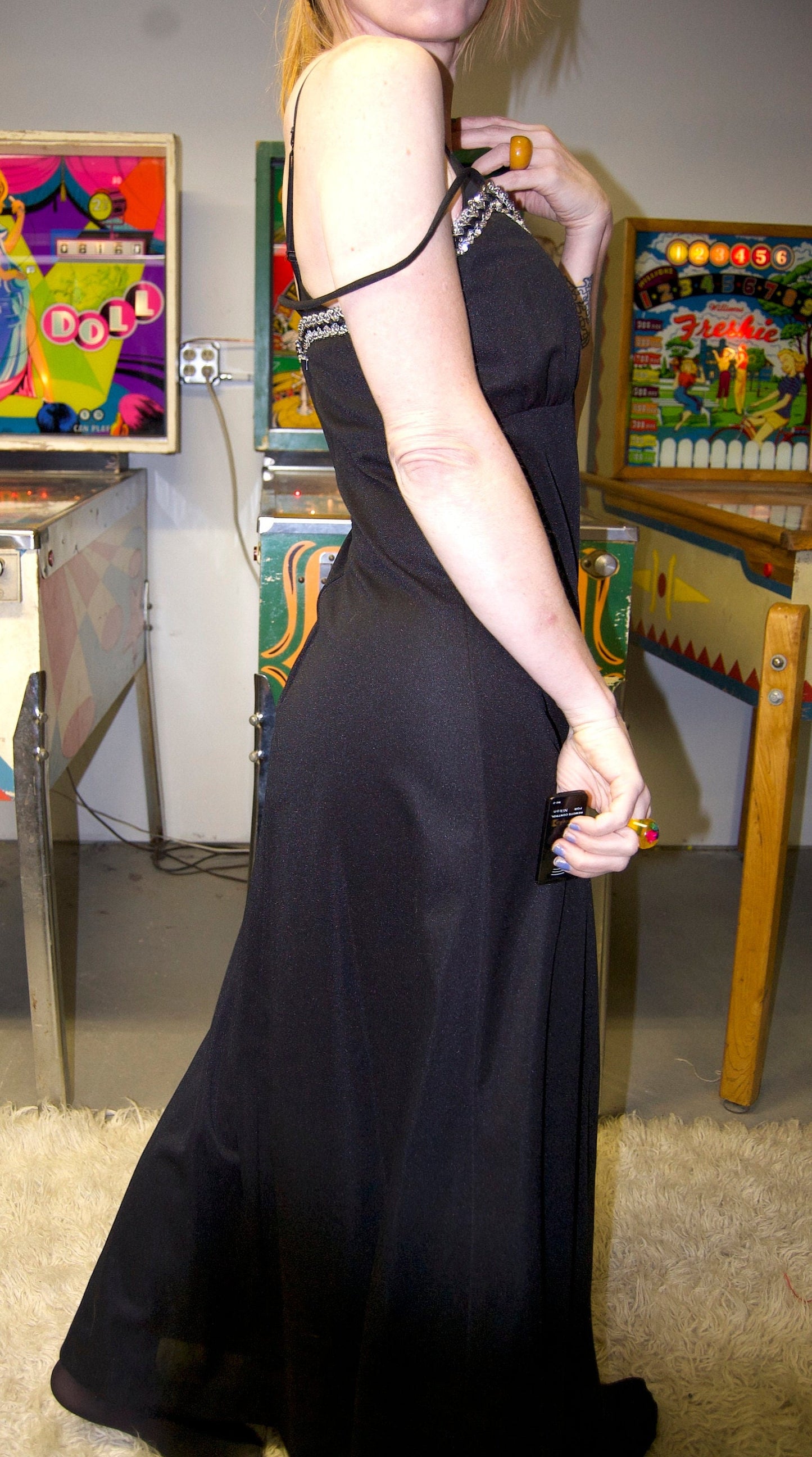 vtg 70s RHINESTONE MAXI SET  // 2 piece black & silver full length evening gown cocktail dress bias cut fancy goth flowy halter v neck top