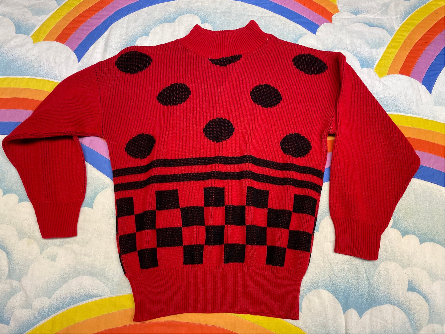 vtg 80s POLKA DOT CHECKERED Sweater // vintage red and black cropped knit autumn fall style ribbed textured abstract op art checkerboard top