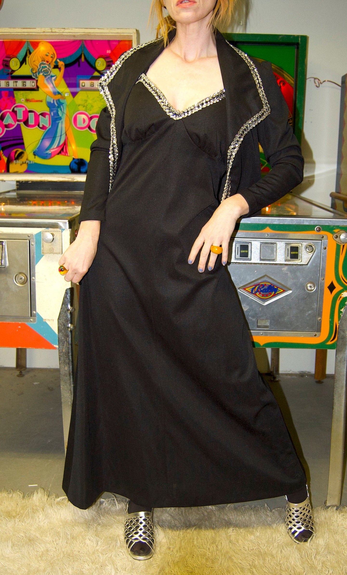 vtg 70s RHINESTONE MAXI SET  // 2 piece black & silver full length evening gown cocktail dress bias cut fancy goth flowy halter v neck top