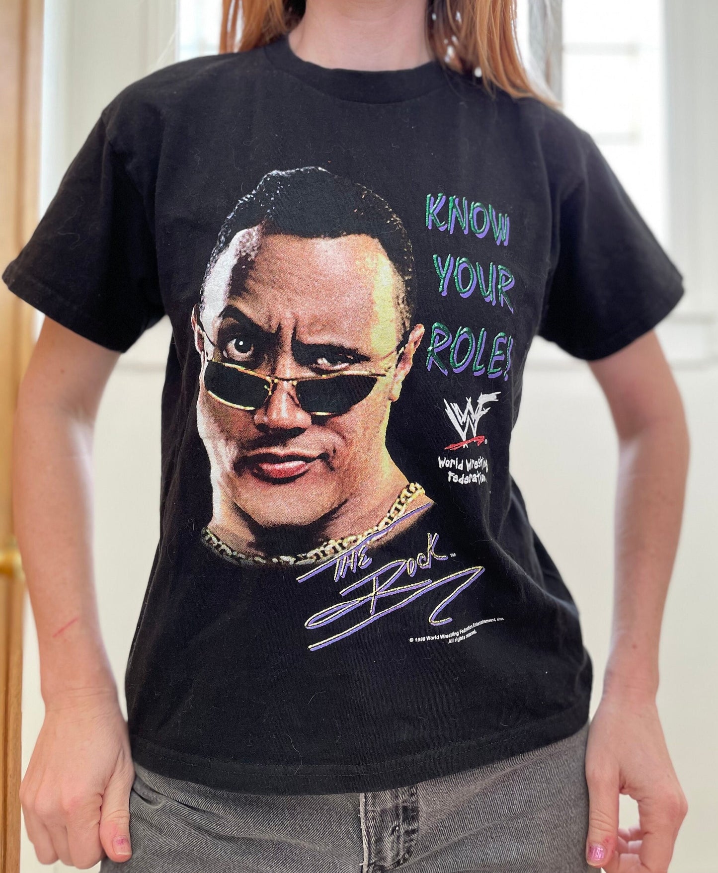 vtg 90s THE ROCK SHIRT // vintage wwf wrestling Y2K t-shirt dwayne the rock johnson eyebrow up movie star idol maui moana los angeles retro