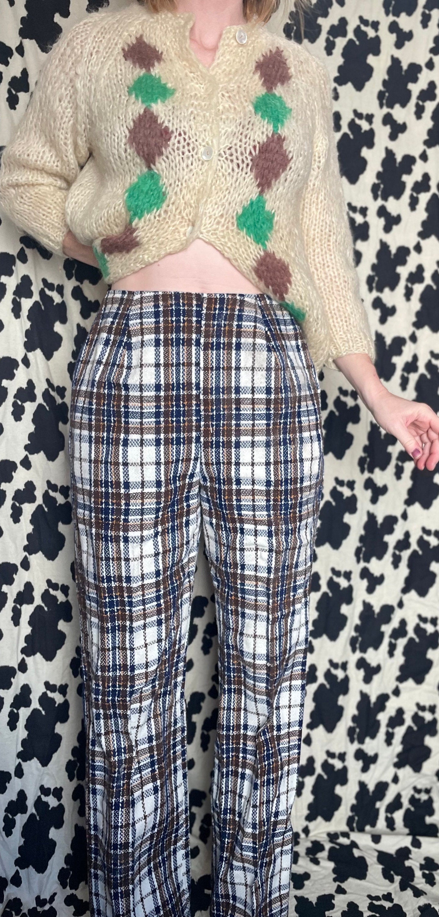 vtg 60s PLAID KNIT TROUSERS // vintage brown flare preppy wool school pants autumn fall fitted high waisted slacks rockabilly retro