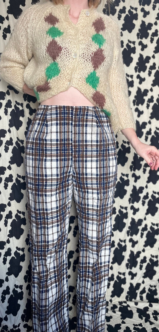 vtg 60s PLAID KNIT TROUSERS // vintage brown flare preppy wool school pants autumn fall fitted high waisted slacks rockabilly retro