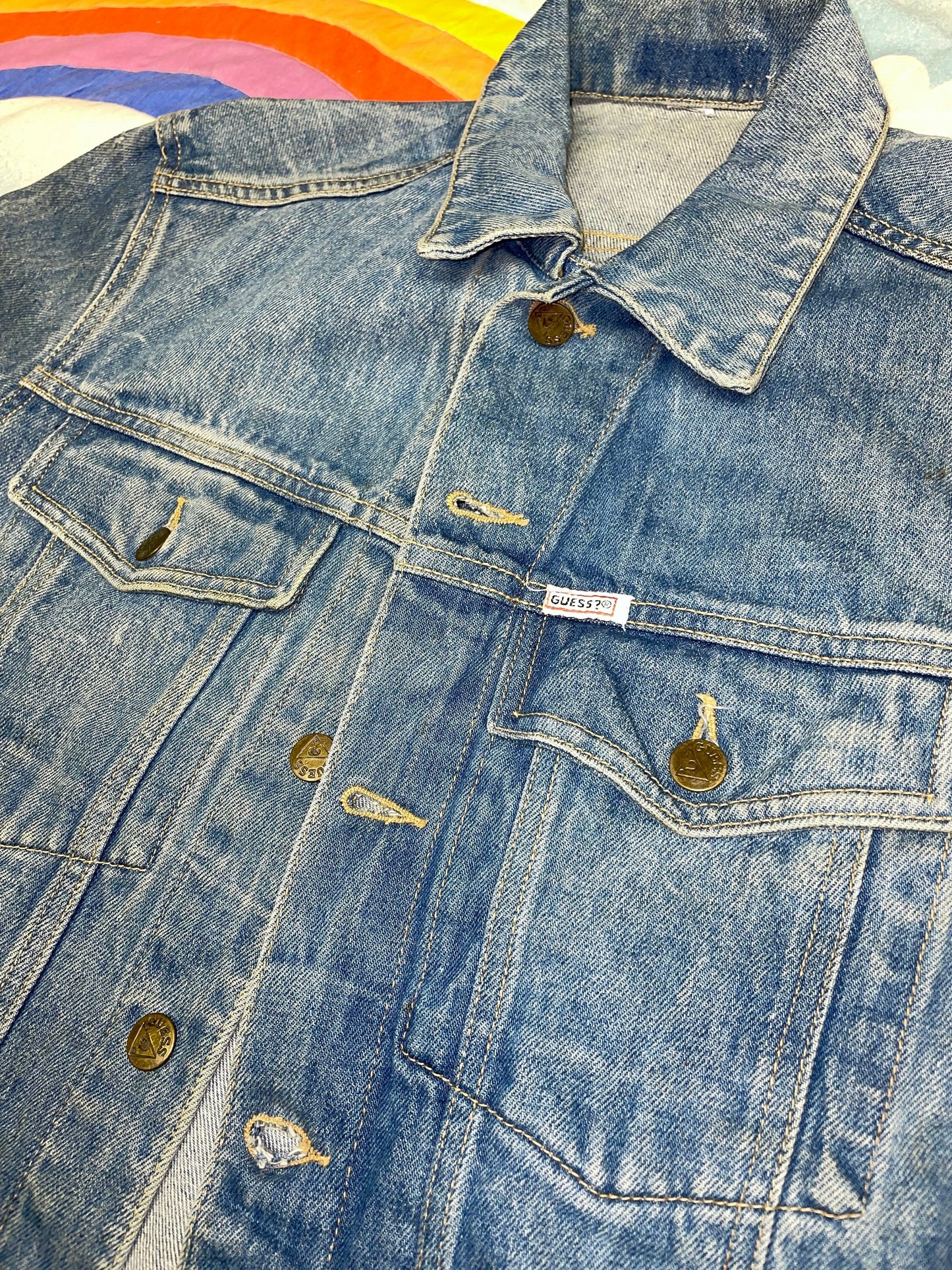 vtg 90s GUESS NIRVANA JEAN Jacket // 90s embroidered smiley face denim trucker style boxy light wash stone wash stoner alternative band tee