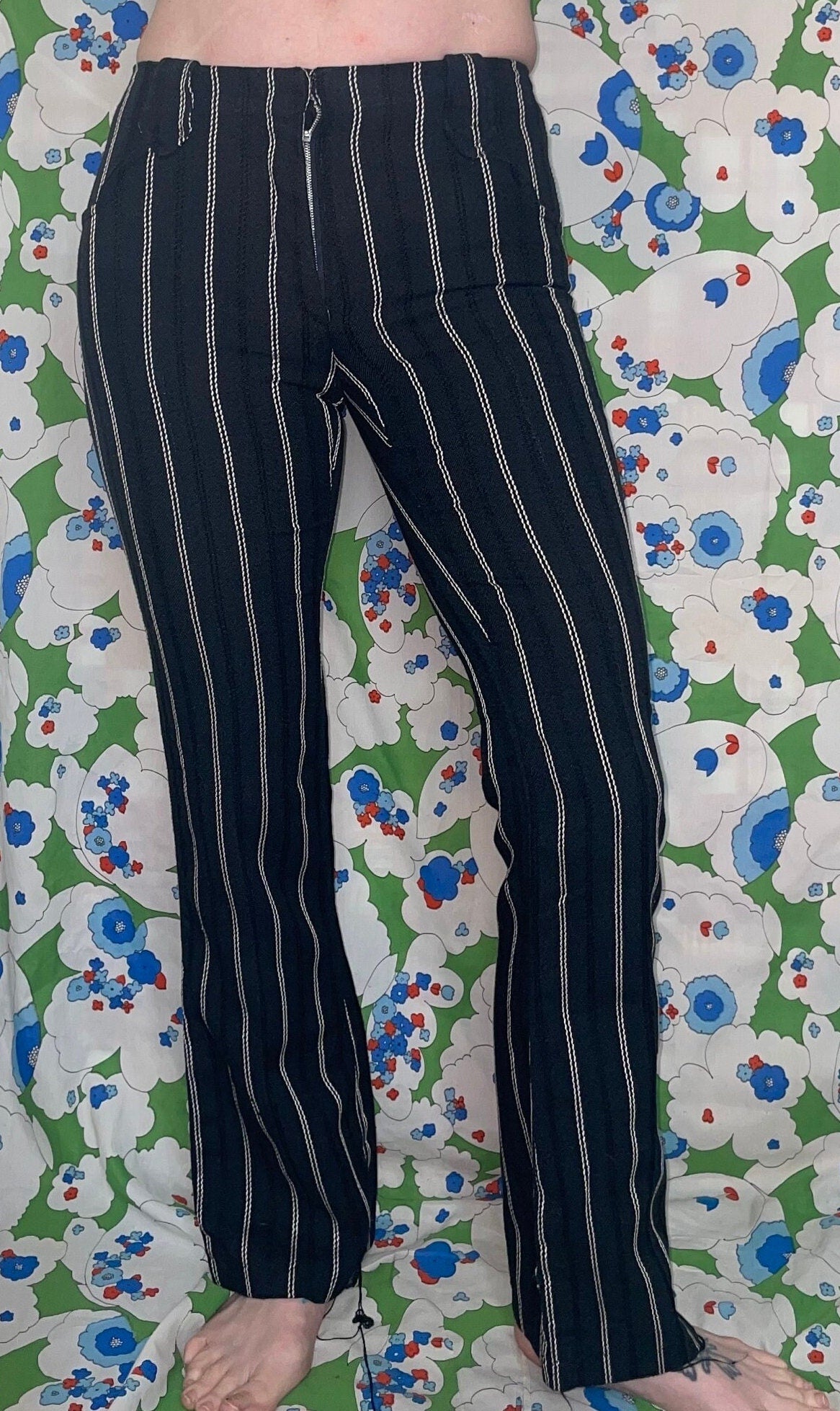vtg 70s H BAR C PANTS // vintage black & white striped rayon trousers hip hugger flare leg boot cut western retro mod minimalist fall winter