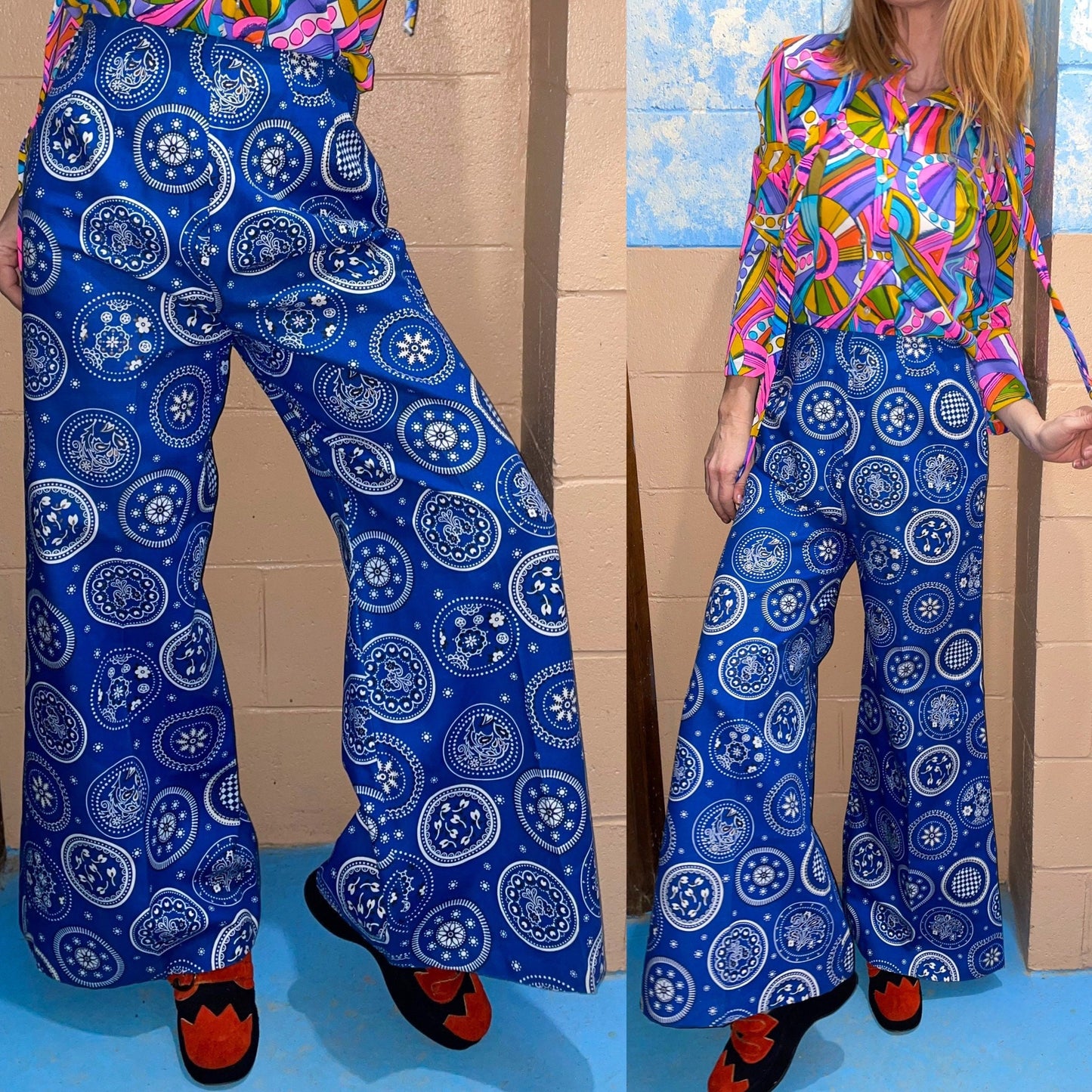 vtg 70s BLUE BANDANA BELLBOTTOMS // vintage 26 med side zip high waisted flare trousers hippie boho patterned wide leg pants retro bohemian