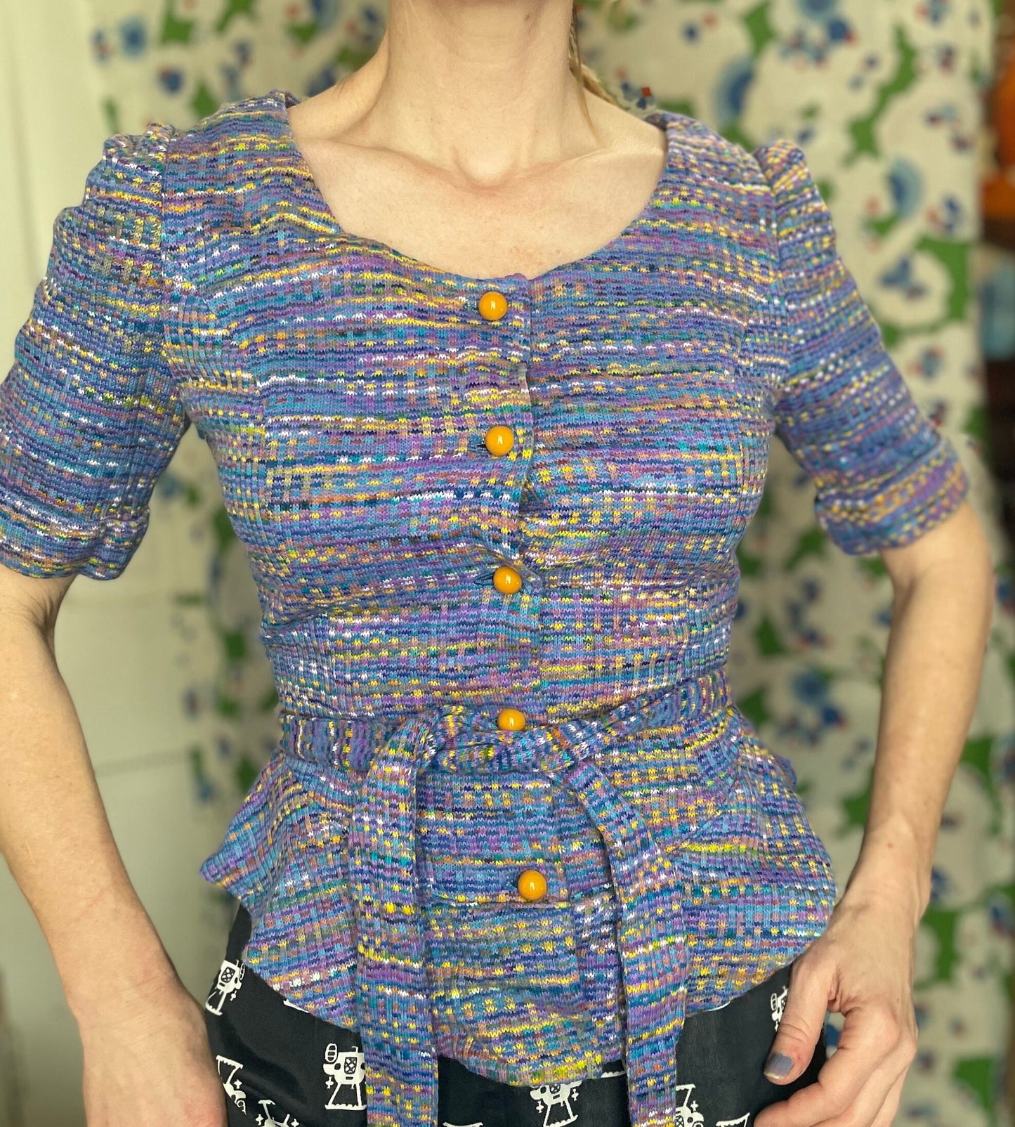 vtg 70s SPACE DYE TOP // vintage purple peplum belted mod hippie blouse pastel lavender psychedelic retro autumn fashion heathered funky top