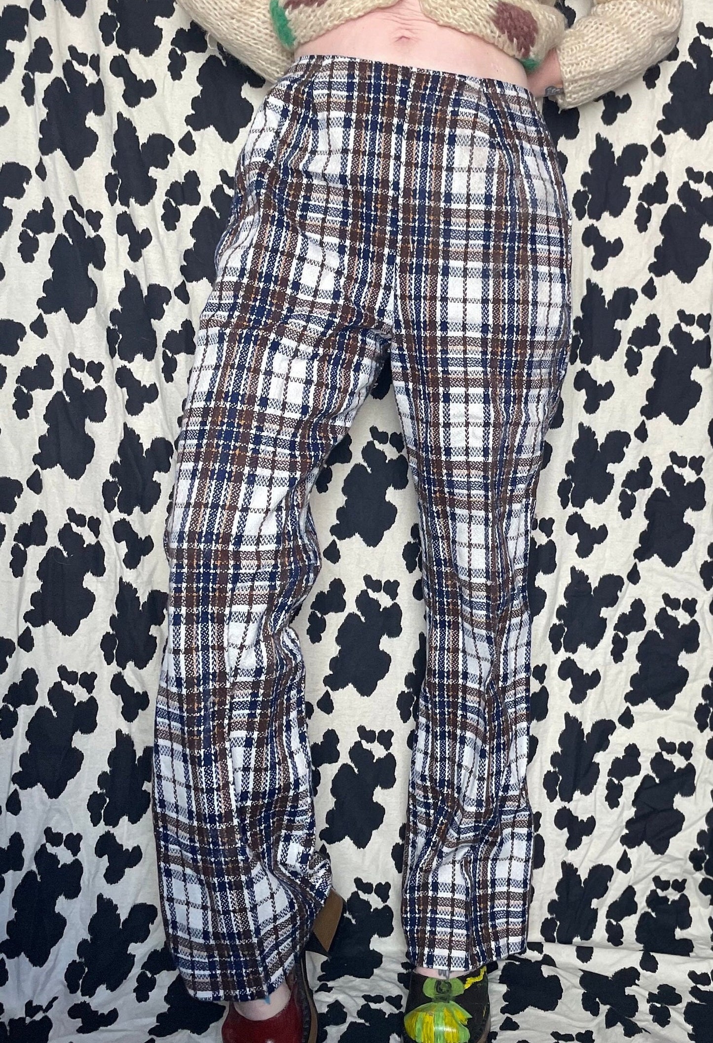 vtg 60s PLAID KNIT TROUSERS // vintage brown flare preppy wool school pants autumn fall fitted high waisted slacks rockabilly retro