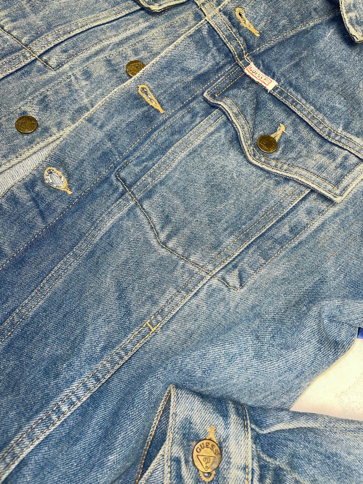 vtg 90s GUESS NIRVANA JEAN Jacket // 90s embroidered smiley face denim trucker style boxy light wash stone wash stoner alternative band tee