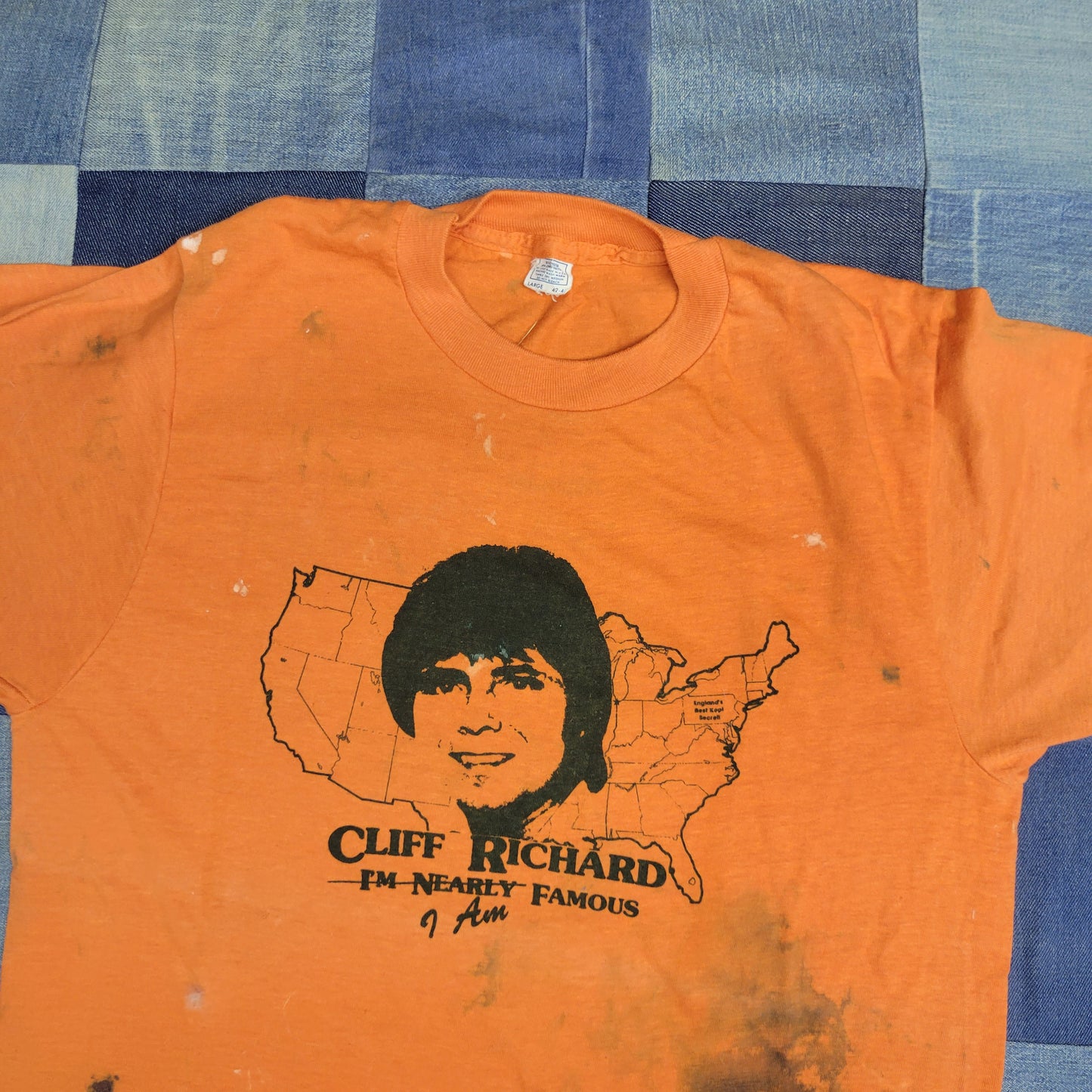 vtg 70s MONKEES SCREEN PRINT Shirt // vintage cliff richard seniors test print orange weird punk art ooak rare 60s band tee pop culture