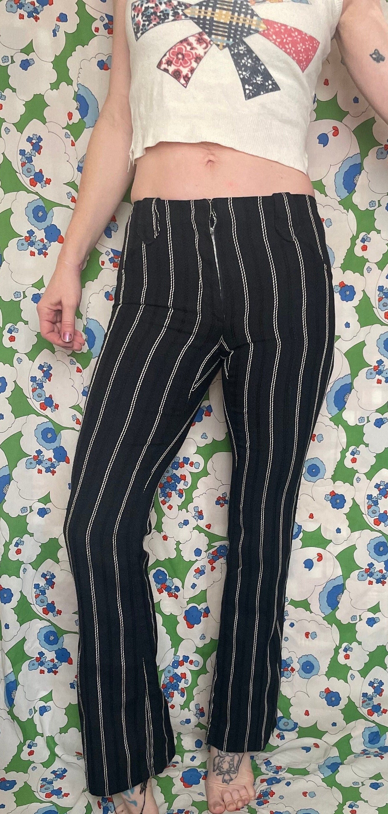 vtg 70s H BAR C PANTS // vintage black & white striped rayon trousers hip hugger flare leg boot cut western retro mod minimalist fall winter