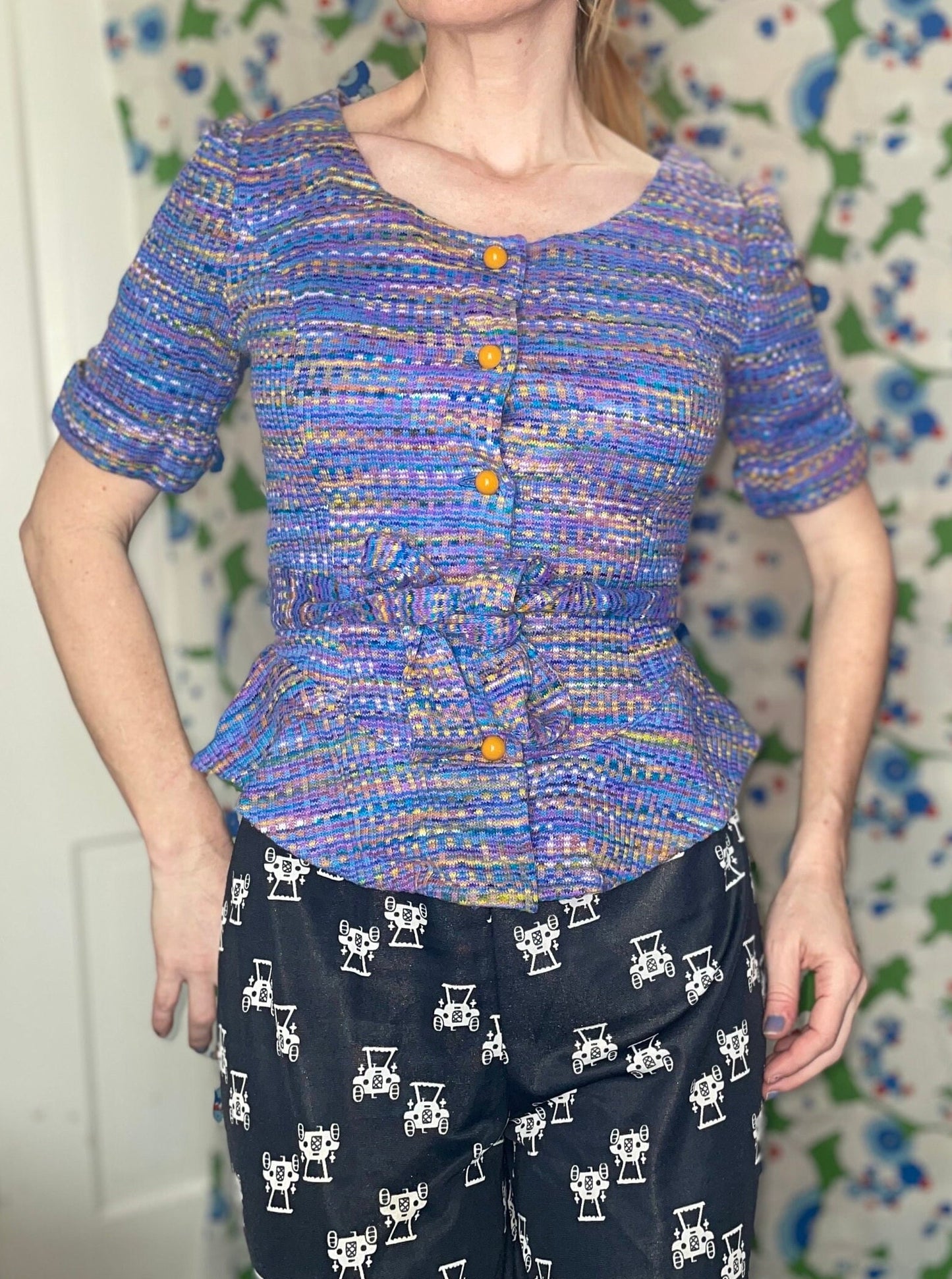 vtg 70s SPACE DYE TOP // vintage purple peplum belted mod hippie blouse pastel lavender psychedelic retro autumn fashion heathered funky top