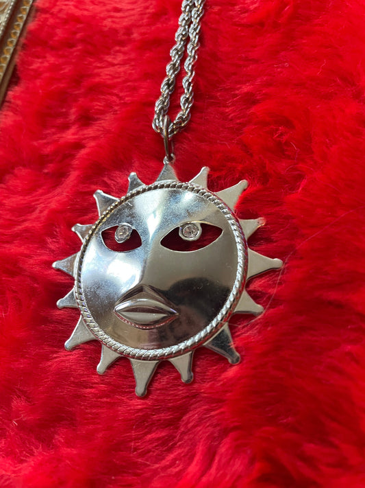 vtg 70s SUN FACE NECKLACE // Psychedelic Hippie Style Chain imitation silver gold jewelry retro festival queen goddess fun pewter pin