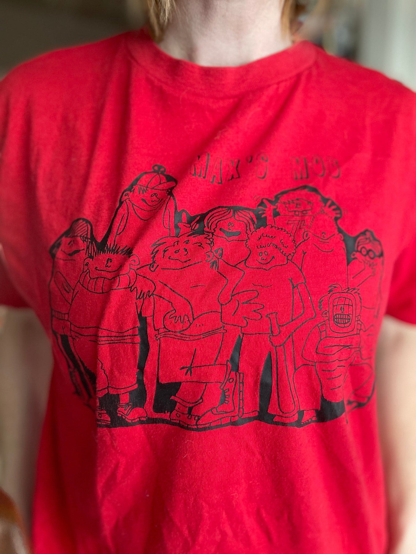 vtg 80s MAXS MOB SHIRT // vintage 80s numbered sports player shirt red cartoon illustrated fat albert style school house rock retro graphic