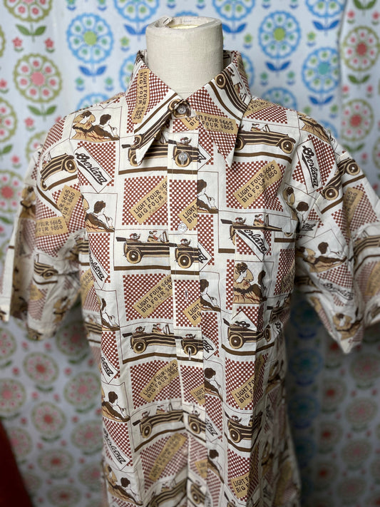 vtg 70s FLAPPER AOP PRINT // Overland light four big four Henry Ford Car All over print shirt loud antique collar automobile historic hair