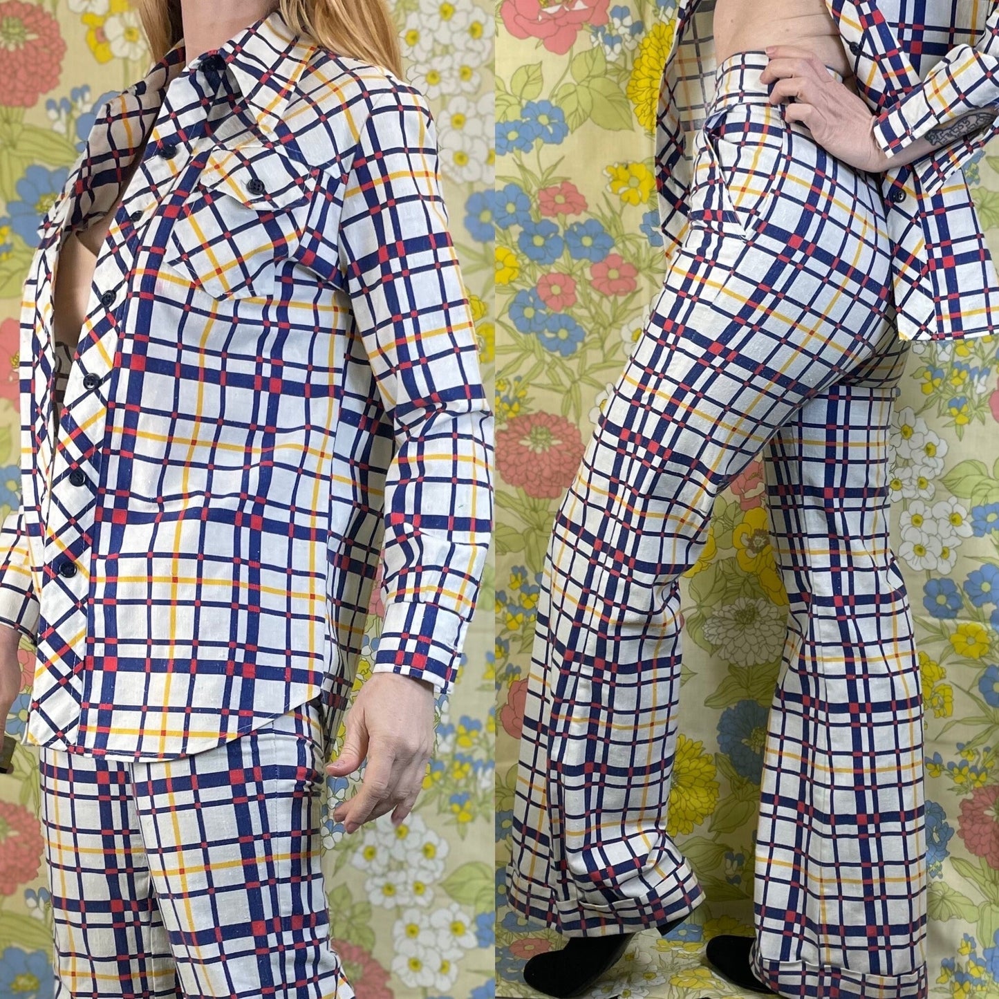 vtg 70s 2 PIECE PANTS SUIT // vintage small womens blue & yellow plaid pantsuit bell bottoms high waisted flare pants fitted blazer autumn