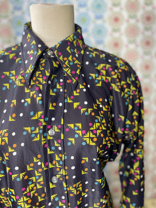 vtg 70s PSYCHEDLIC POLY TOP shirt // long sleeve tetris abstract artist print art cute classy hippie mod style era disco fashion geometric