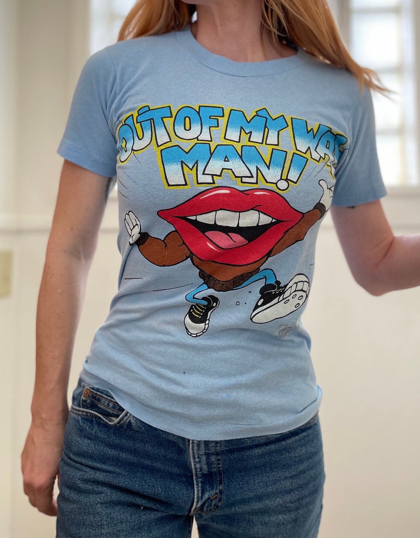 vtg 90s RUDE TANG LIPS get outta my way man shirt / Pop Art Lips ludacris andy warhol rolling stones 80s mick jagger tee baby blue rock tour