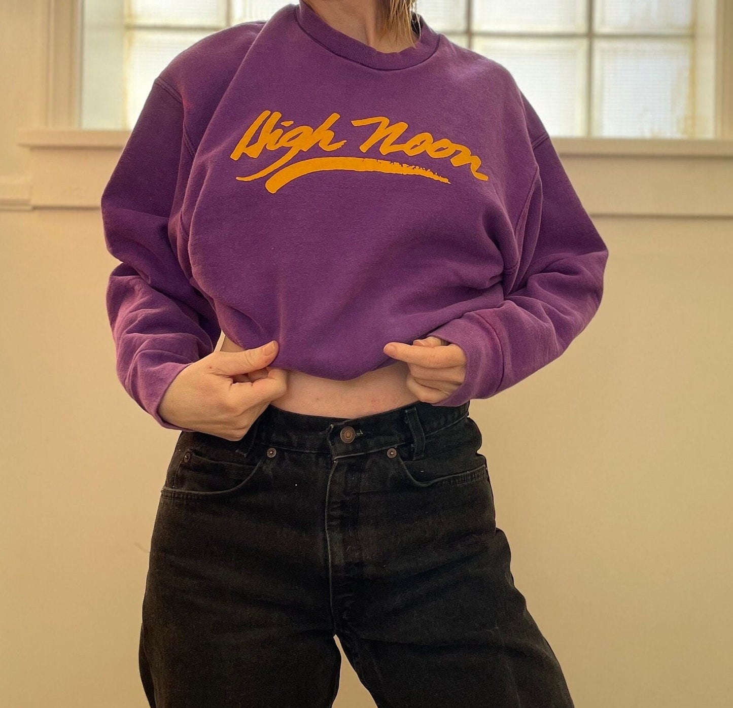 vtg 80s HIGH NOONSWEATSHIRT // vintage distressed long sleeve slouchy saloon bar western movie clint eastwood raglan graphic tee writing