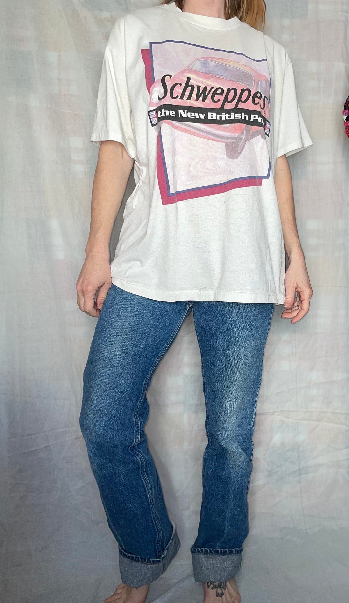 vtg 90s BRIT POP BAND Tee // Schweppes soda pop shirt shoe gaze pop culture ginger ale xl grunge ironic hipster emo music guy funny saying