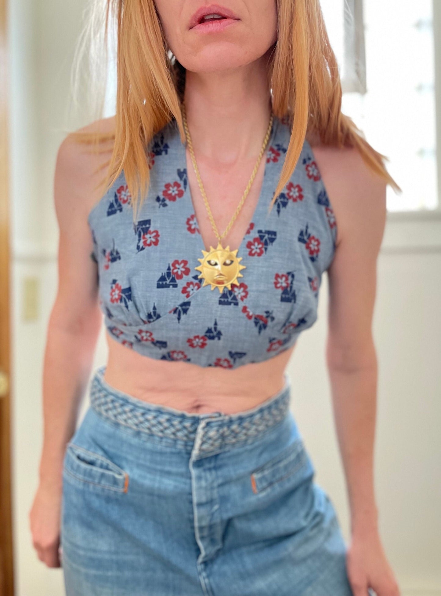 vtg 70s SUN FACE NECKLACE // Psychedelic Hippie Style Chain imitation silver gold jewelry retro festival queen goddess fun pewter pin