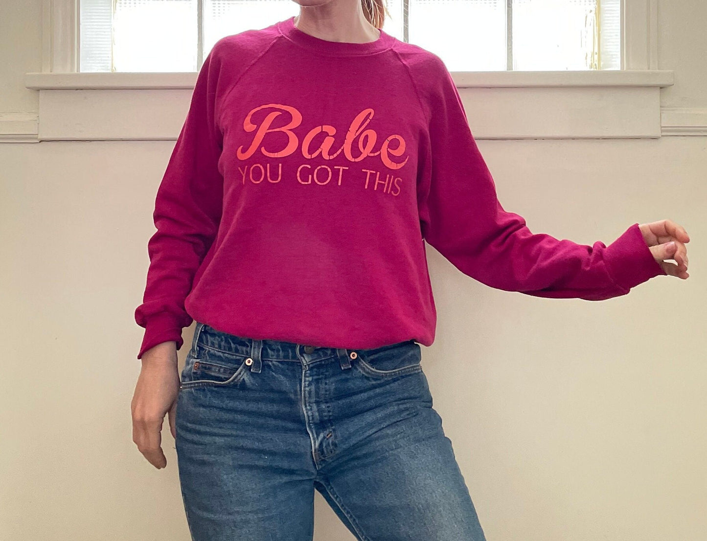 vtg 90s BABE u GOT THIS! sweatshirt /pray everyday hope faith cancer survivor woman jesus track girl power hot pink top femme lady strong