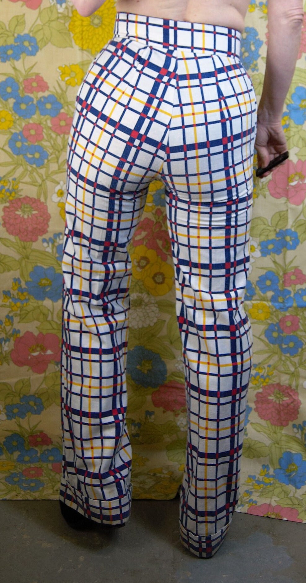 vtg 70s 2 PIECE PANTS SUIT // vintage small womens blue & yellow plaid pantsuit bell bottoms high waisted flare pants fitted blazer autumn