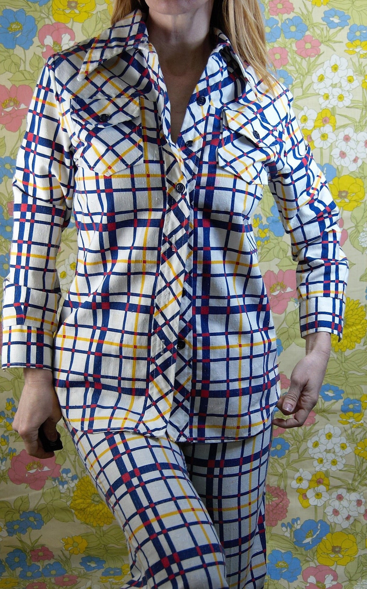 vtg 70s 2 PIECE PANTS SUIT // vintage small womens blue & yellow plaid pantsuit bell bottoms high waisted flare pants fitted blazer autumn