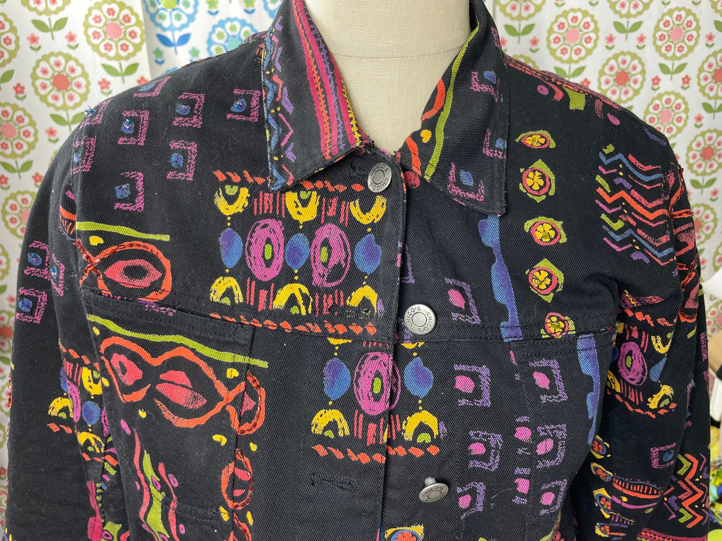 vtg 80s BLACK NEON JACKET // Chico's Abstract Print Denim Jacket canvas cowboy femme friends style 90s art abstract pattern basquiat fame