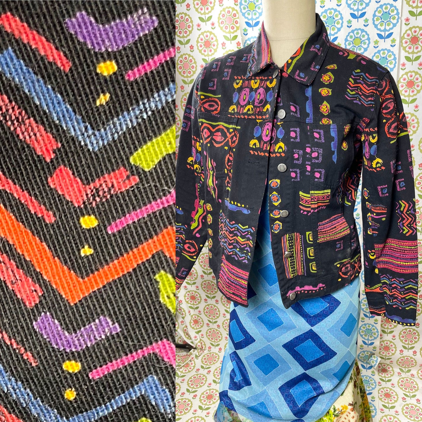 vtg 80s BLACK NEON JACKET // Chico's Abstract Print Denim Jacket canvas cowboy femme friends style 90s art abstract pattern basquiat fame