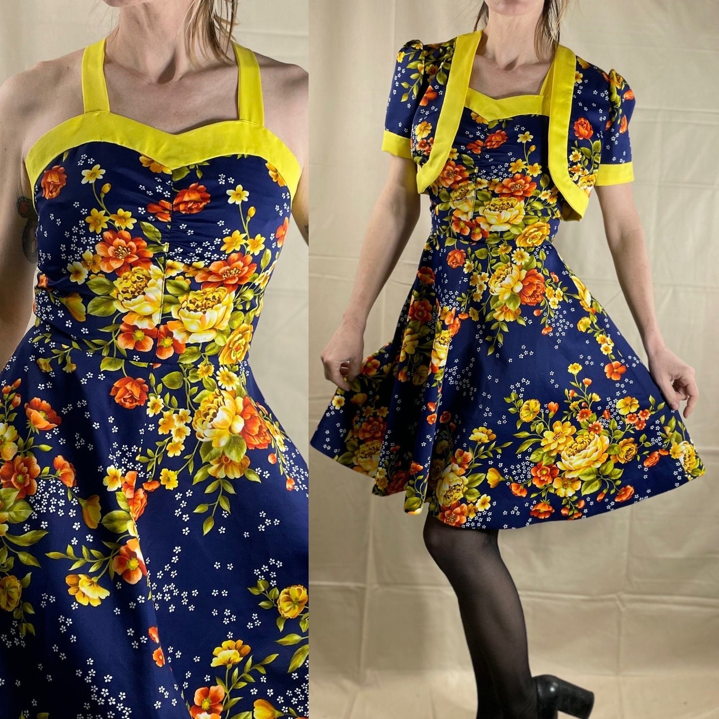 vtg 70s CUTE 2 PIECE MINI Dress & Shrug //  floral sweetheart neckline blue yellow a line flowy tank dress bright mod kitschy autumn twee