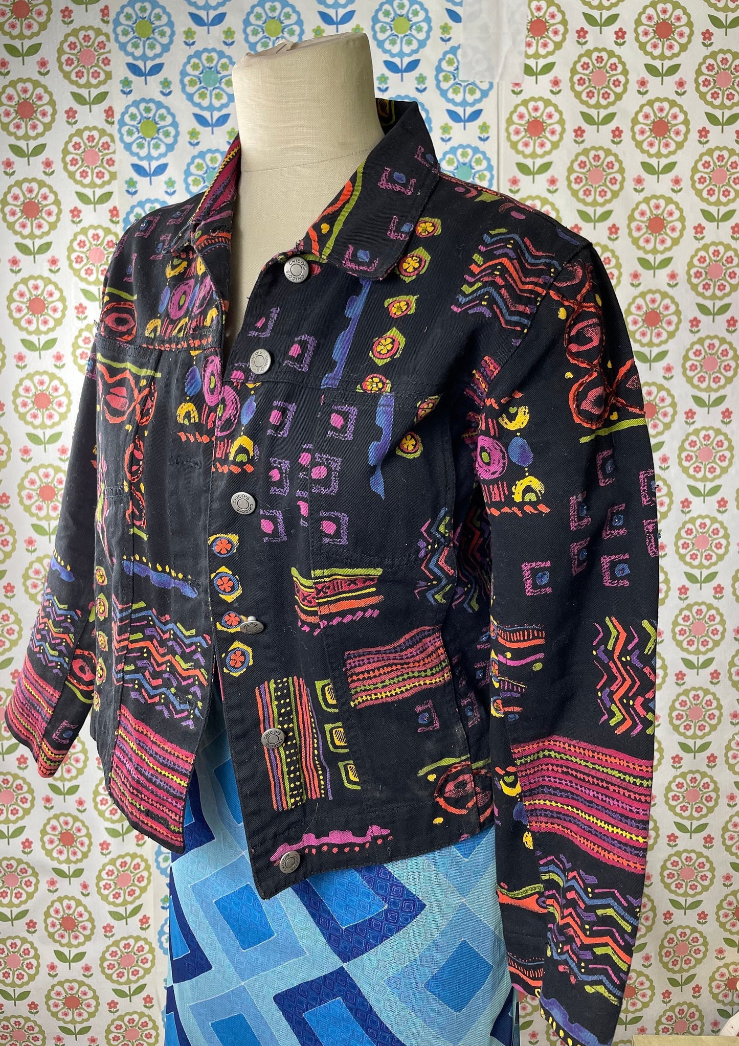 vtg 80s BLACK NEON JACKET // Chico's Abstract Print Denim Jacket canvas cowboy femme friends style 90s art abstract pattern basquiat fame