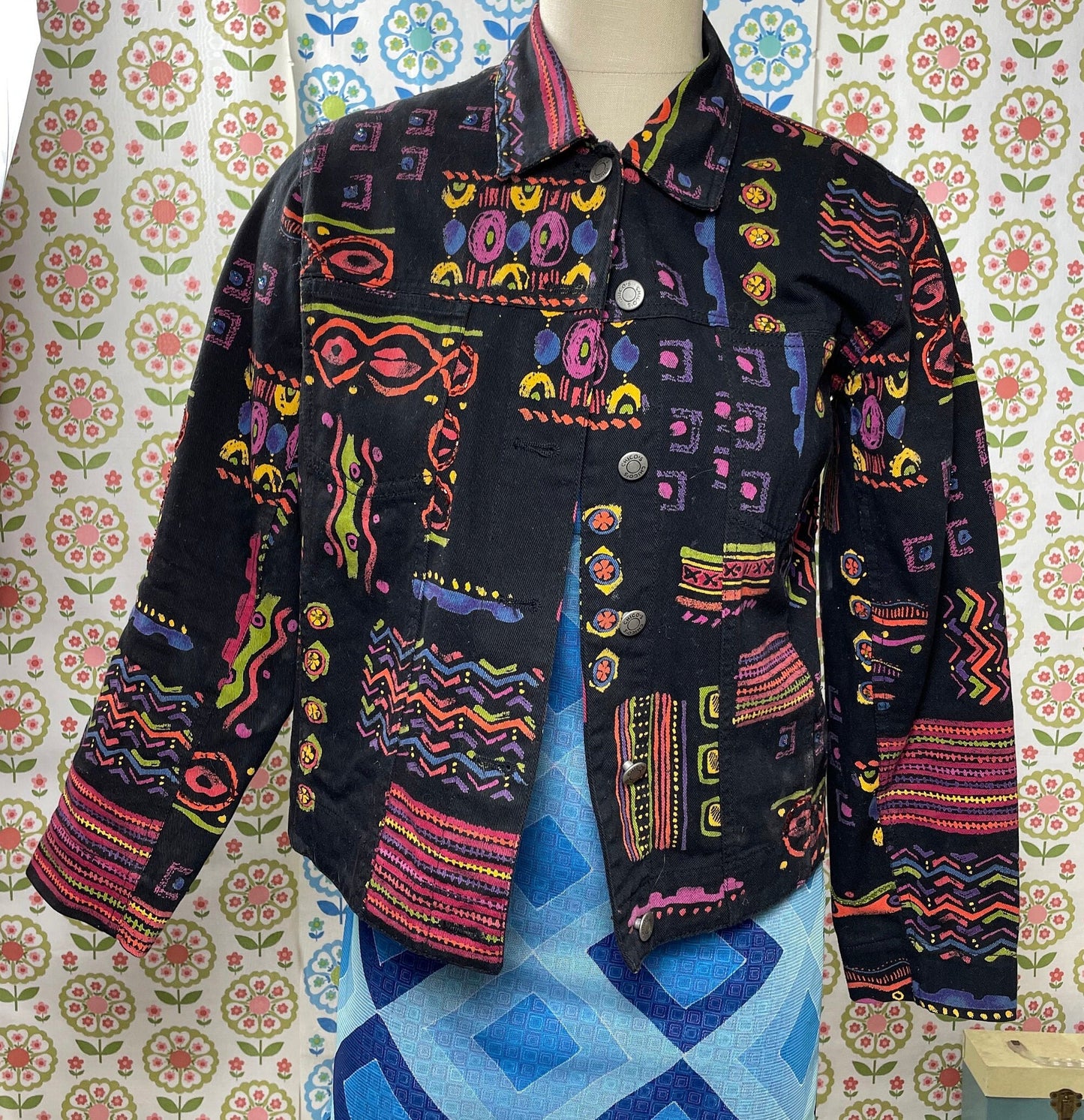 vtg 80s BLACK NEON JACKET // Chico's Abstract Print Denim Jacket canvas cowboy femme friends style 90s art abstract pattern basquiat fame
